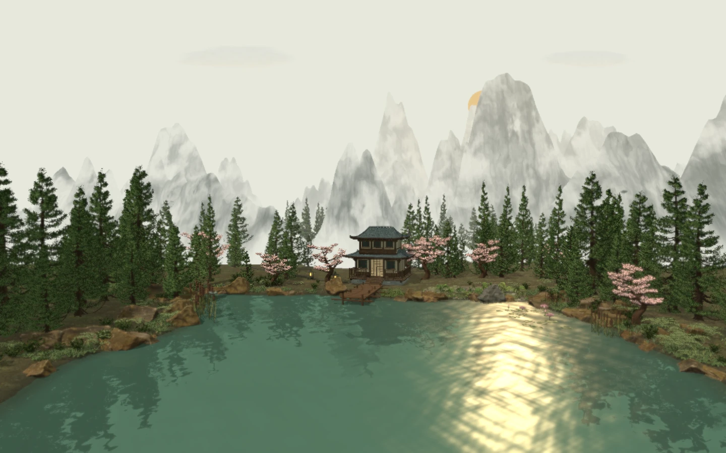 A high alpine lake with a two-storey timber tea house, cherry blossoms, conifers, and surreal ink-wash mountains.